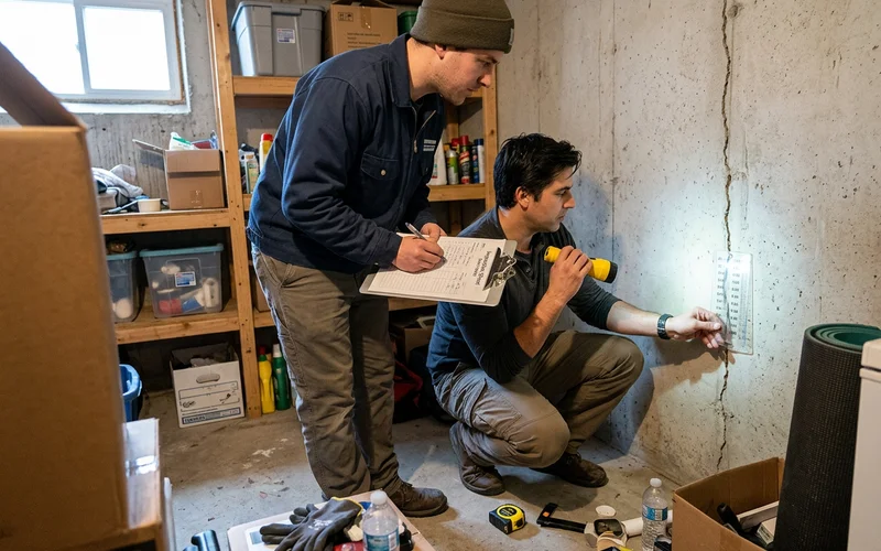 Two technicians inspecting and measuring a foundation crack width with a crack gauge in a Toronto basement