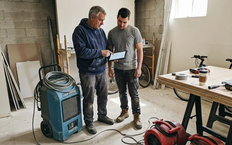 Two technicians reviewing a psychrometric drying log on a tablet beside a dehumidifier in a Toronto basement