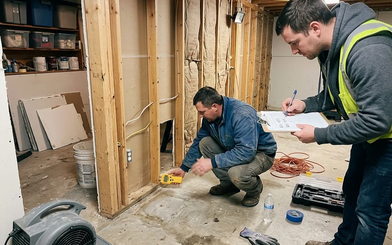 Two technicians taking pin moisture meter readings on a bottom plate and logging them during structural drying in a Toronto basement