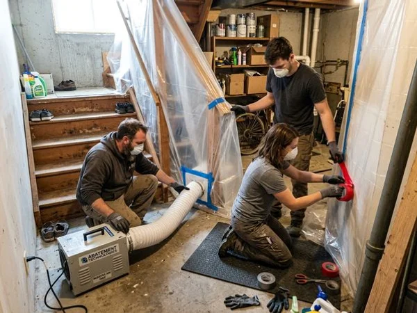 Three-person crew setting negative-pressure containment at a basement stairwell