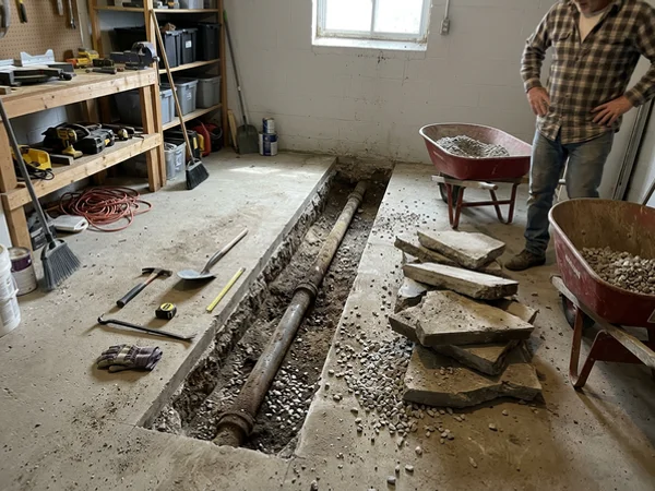 Saw-cut trench in a basement floor exposing the sanitary lateral