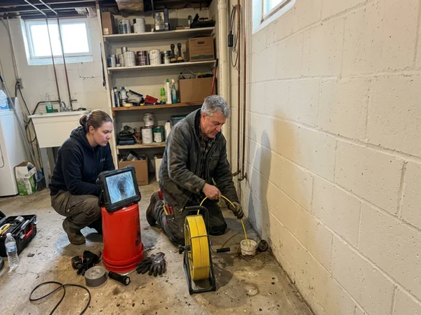 Two technicians feeding a CCTV drain camera into a basement cleanout and watching the monitor