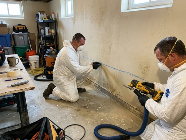 Two technicians making a 2-foot flood cut along contaminated drywall