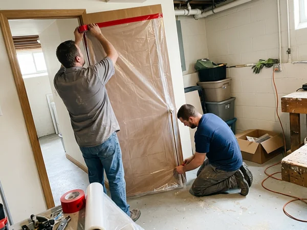 Two technicians sealing a basement doorway with poly sheeting and a zipper door