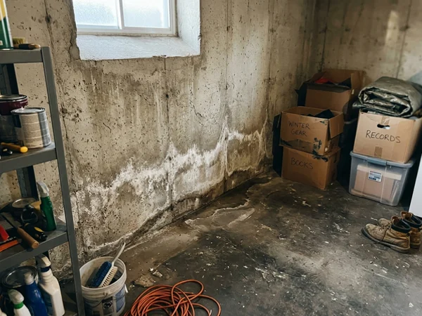 Efflorescence and water staining along the cove joint of a 1950s basement wall